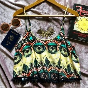 UO/Love Fire Tribal Pattern Pompon Crop Top